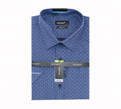     Newsmen Slim elastisches Kurzarmhemd - Blau gemustert Kurzarmhemden